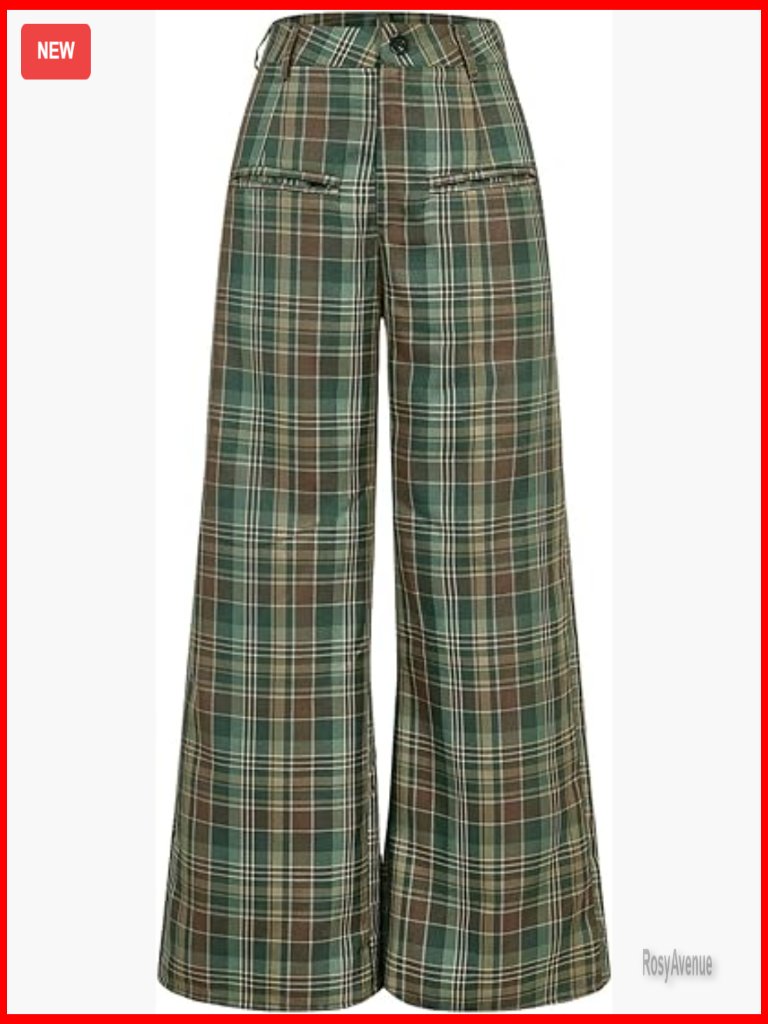 Women's Plaid Wide Leg Pants High Waist Casual Trousers Polyester Small